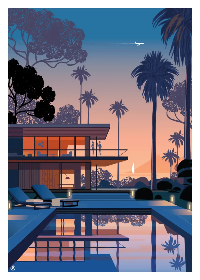 Affiche d'une villa moderne en bord de mer reflétée dans sa piscine par Monsieur Z