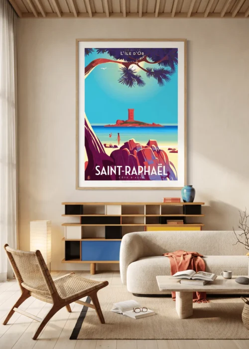 Affiche Saint-Raphaël Île d'Or de Monsieur Z encadrée dans un intérieur, tirage d'art Côte d'Azur