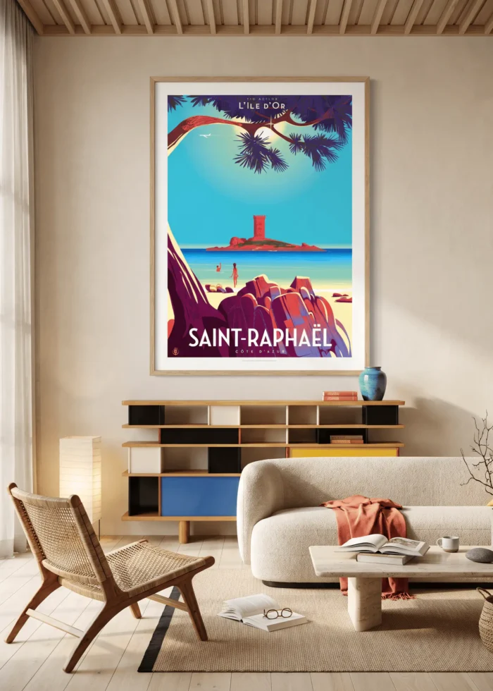 208 Affiche Saint-Raphaël Île d'Or de Monsieur Z encadrée dans un intérieur, tirage d'art Côte d'Azur