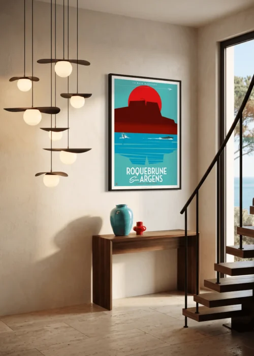 Affiche Roquebrune flat design de Monsieur Z encadrée dans un intérieur, tirage d'art Côte d'Azur