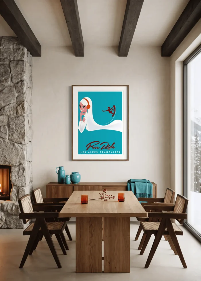 272 Affiche Free Ride Alpes françaises de Monsieur Z encadrée dans un intérieur, tirage d'art montagne