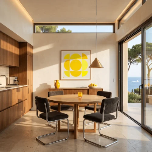 Affiche Soleil carrée de Monsieur Z encadrée dans un intérieur, tirage d'art scandinave