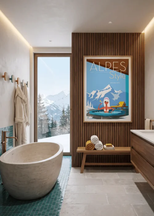 Affiche Jacuzzi Style Alpes de Monsieur Z encadrée dans un intérieur, tirage d'art montagne