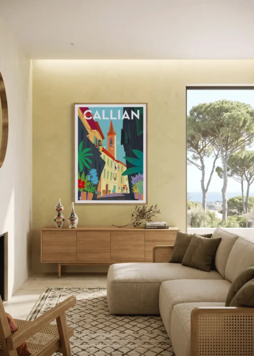 Affiche Callian village de Monsieur Z encadrée dans un intérieur, tirage d'art Côte d'Azur