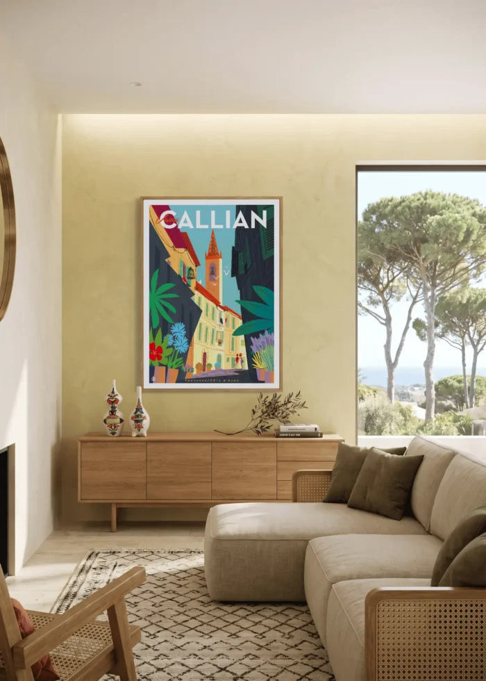286 Affiche Callian village de Monsieur Z encadrée dans un intérieur, tirage d'art Côte d'Azur