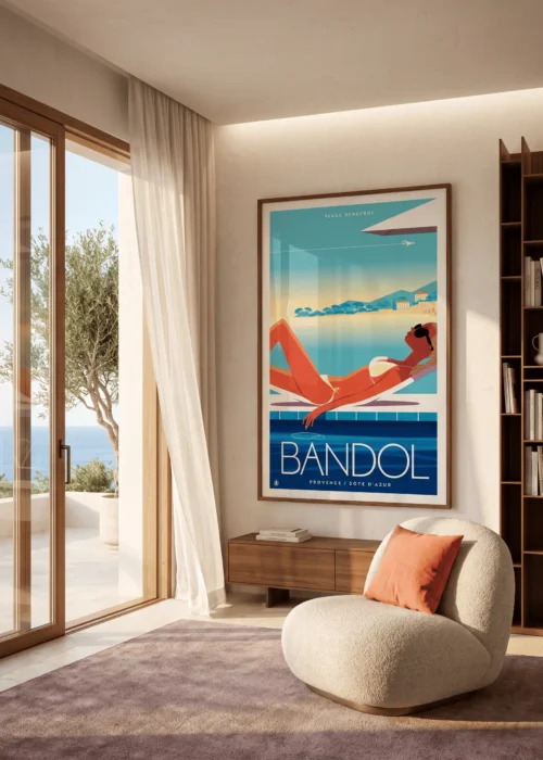 Affiche Bandol Île Rousse de Monsieur Z encadrée dans un intérieur, tirage d'art Côte d'Azur