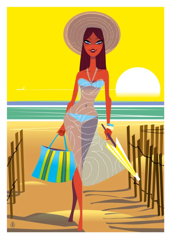 Affiche d'une femme rentrant de la plage de l'Almanarre à Hyères par Monsieur Z